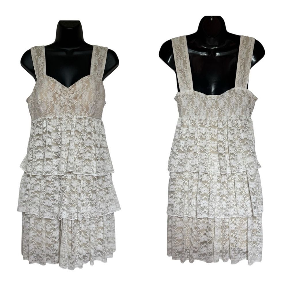 NWT Olsenboye Lace Tiered Ruffle Mini Dress Off White Beige L